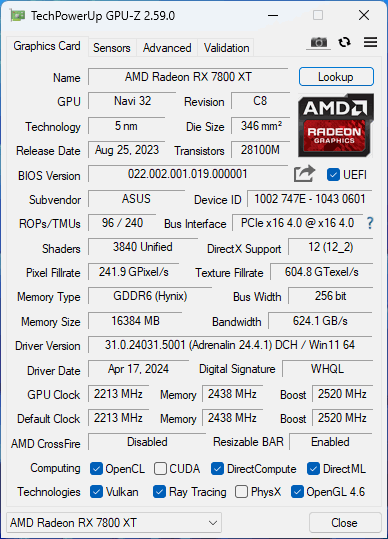 ASUS TUF Gaming Radeon RX 7800 XT White OC Edition 16GB GDDR6 GPU-Z Screenshot