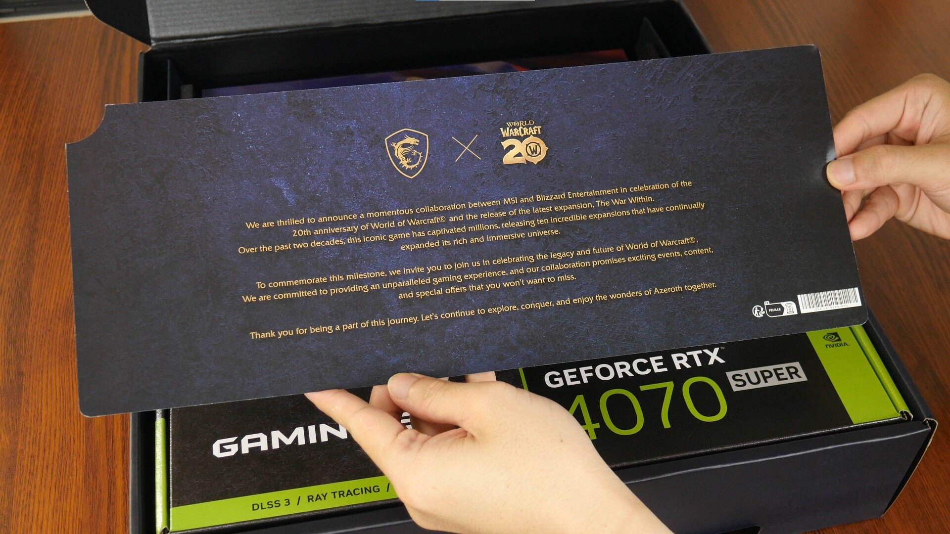 MSI GeForce RTX 4070 SUPER 12G GAMING SLIM World of Warcraft EDITION Thank You Note