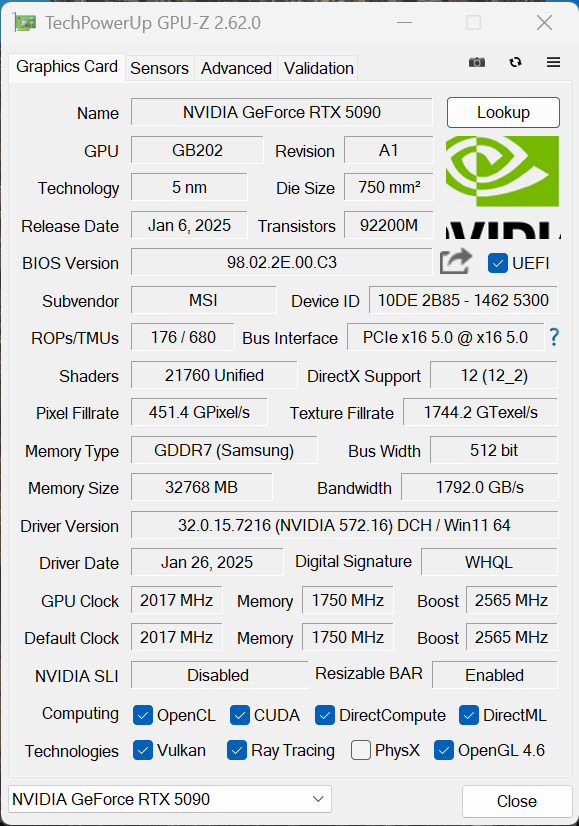 MSI GeForce RTX 5090 32G SUPRIM LIQUID SOC GPU-Z